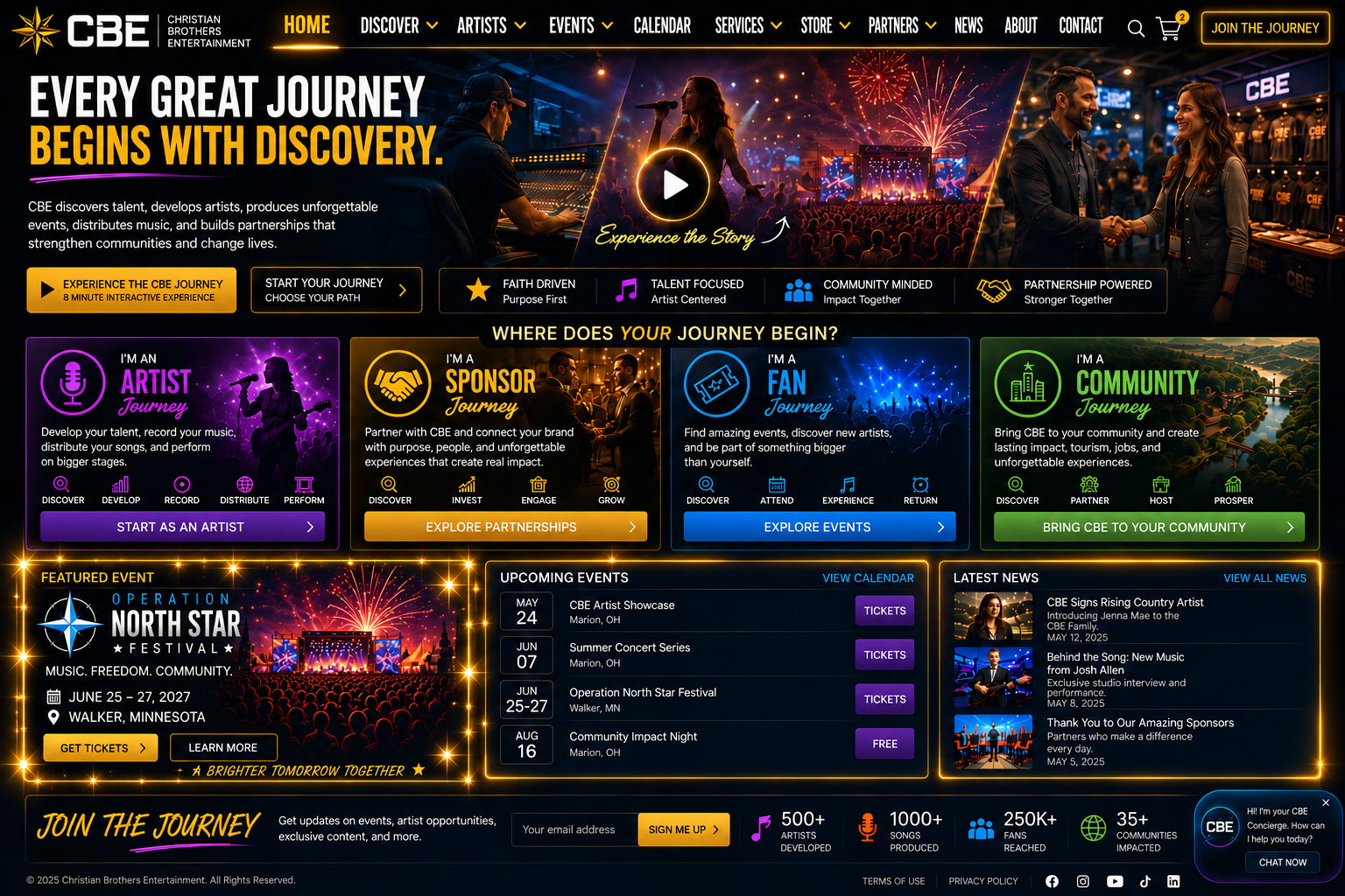 CBE cinematic homepage artwork. Use the overlaid links or the readable navigation to explore the site.